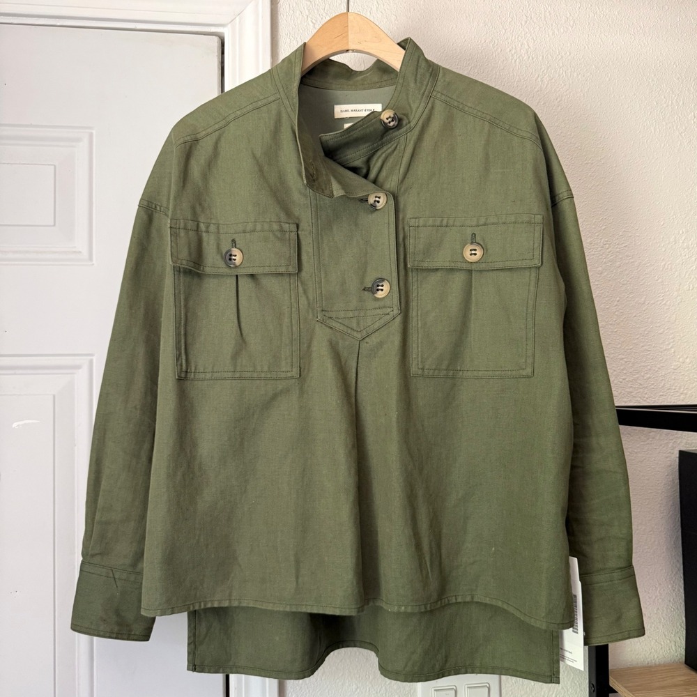 ISABEL MARANT ETOILE cotton linen olive green boxy button shacket shirt jacket